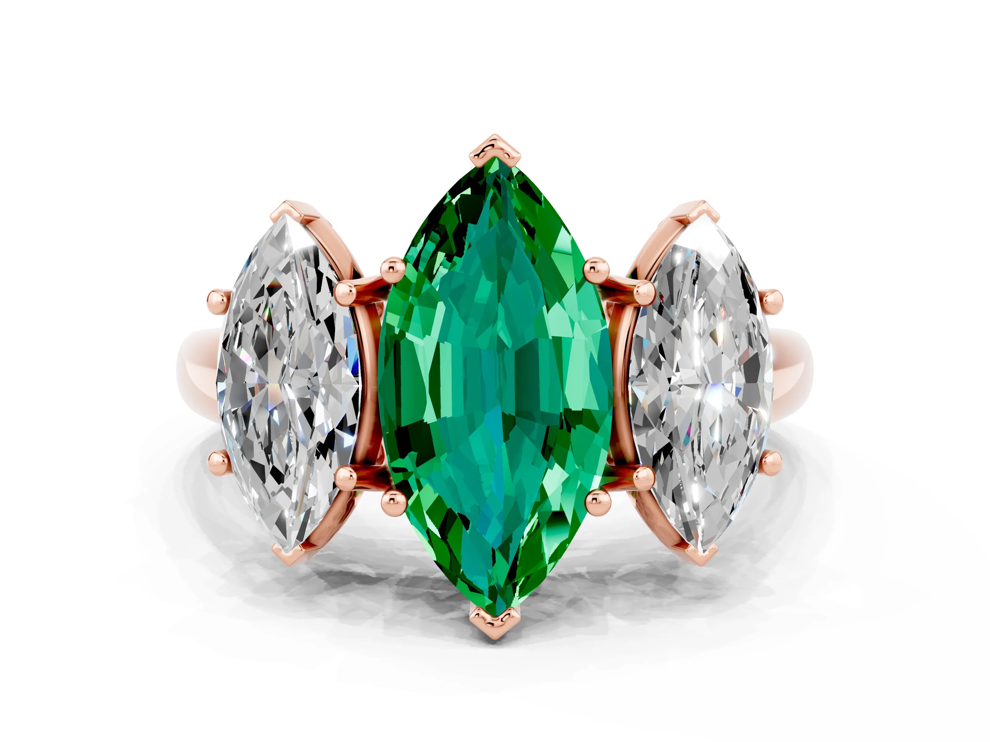 Rose gold Three-Stone Marquise Cut Emerald Engagement Ring with Prong Setting