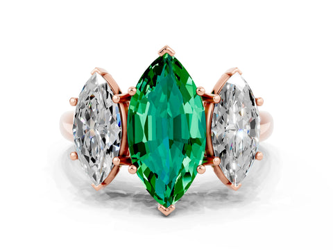 Rose gold Three-Stone Marquise Cut Emerald Engagement Ring with Prong Setting