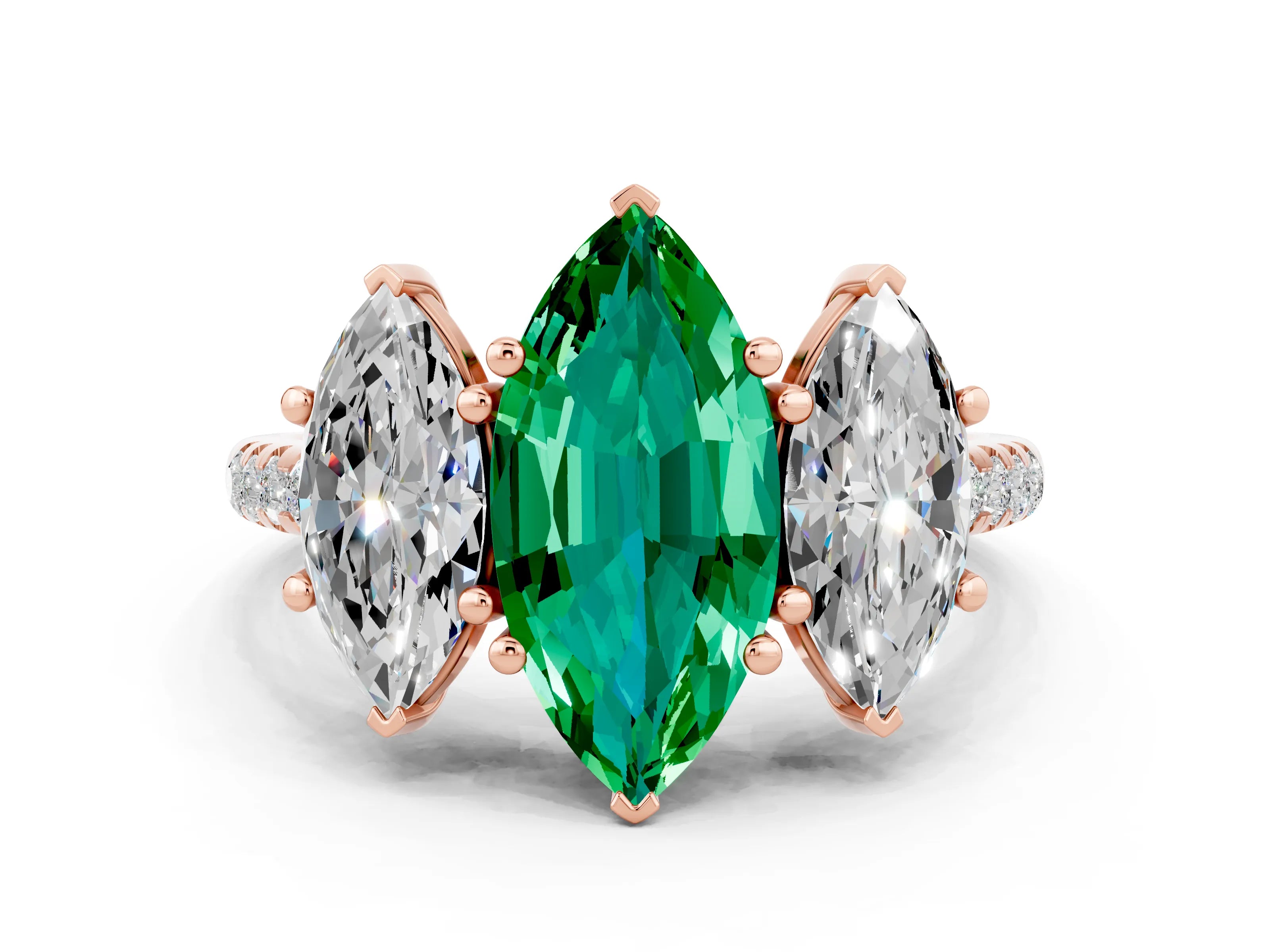 Rose gold Three-Stone Marquise Cut Emerald Ring with Pavé Band and Prong Setting_12
