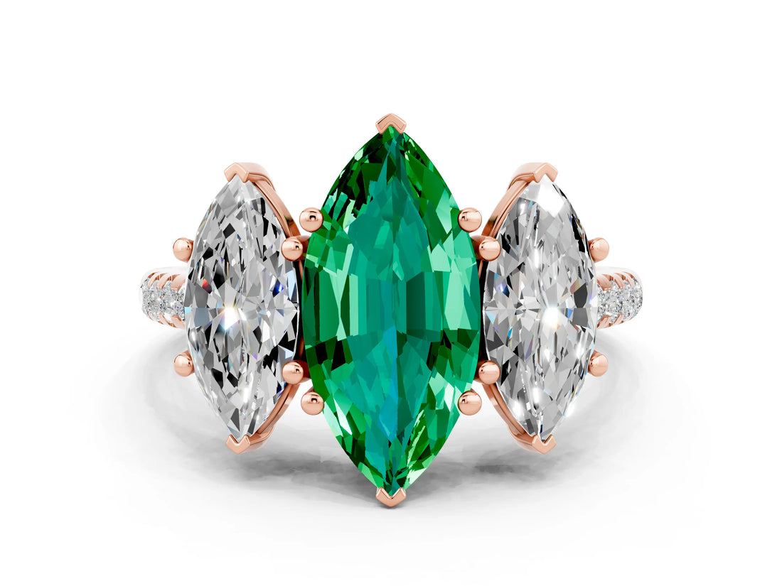Rose gold Three-Stone Marquise Cut Emerald Ring with Pavé Band and Prong Setting_12