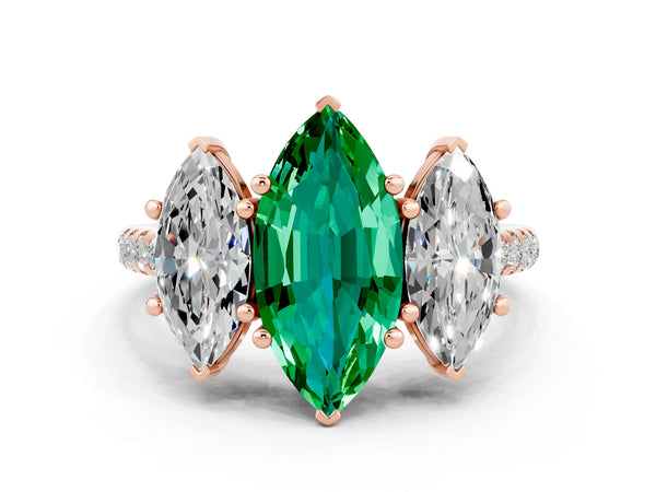 Rose gold Three-Stone Marquise Cut Emerald Ring with Round  Pavé Band and Prong Setting