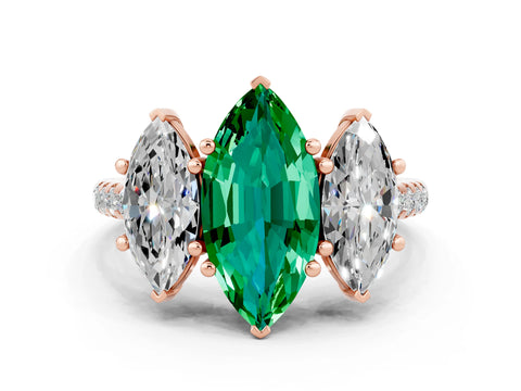 Rose gold Three-Stone Marquise Cut Emerald Ring with Pavé Band and Prong Setting_12