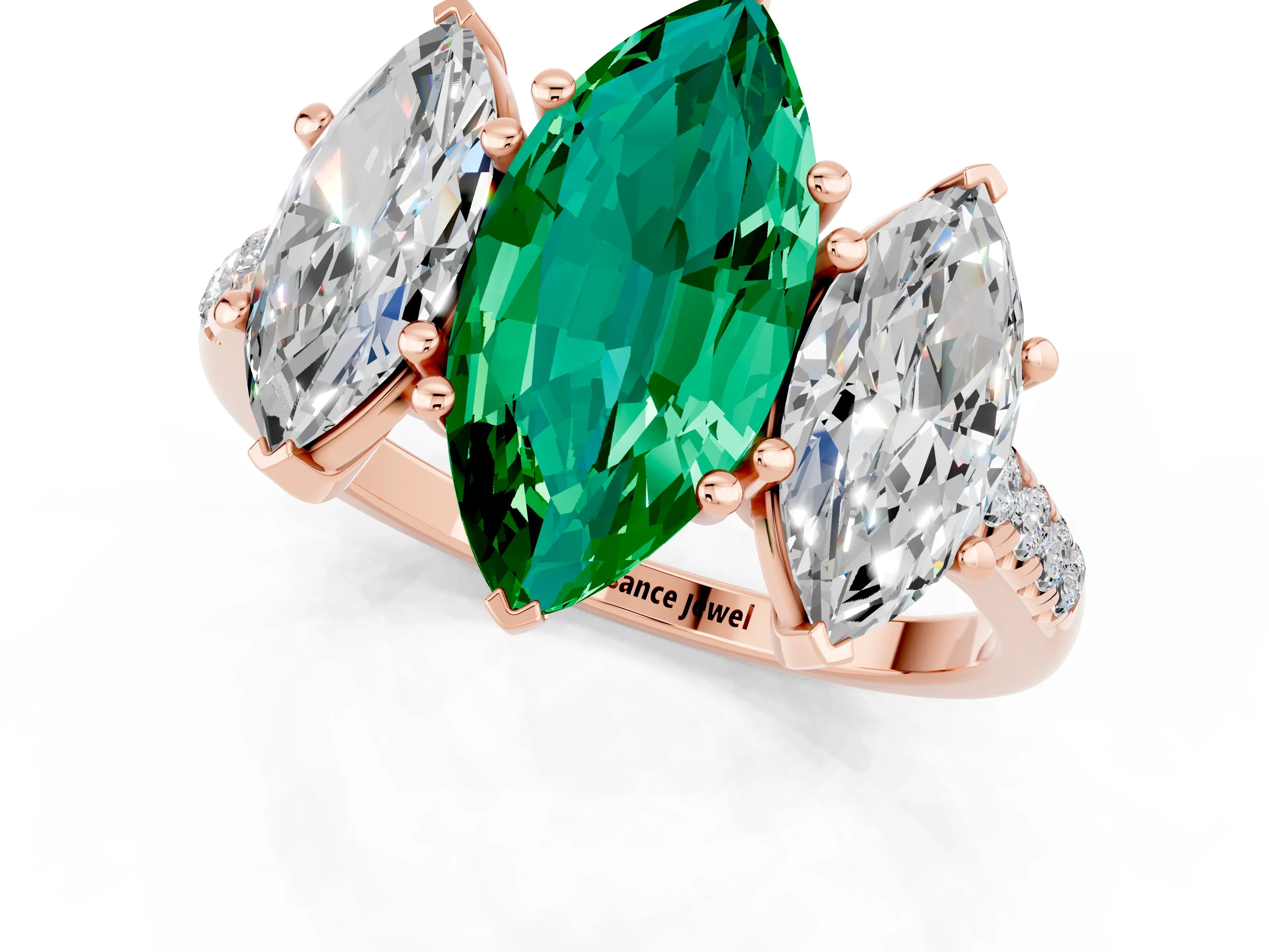 Rose gold Three-Stone Marquise Cut Emerald Ring with Pavé Band and Prong Setting_13