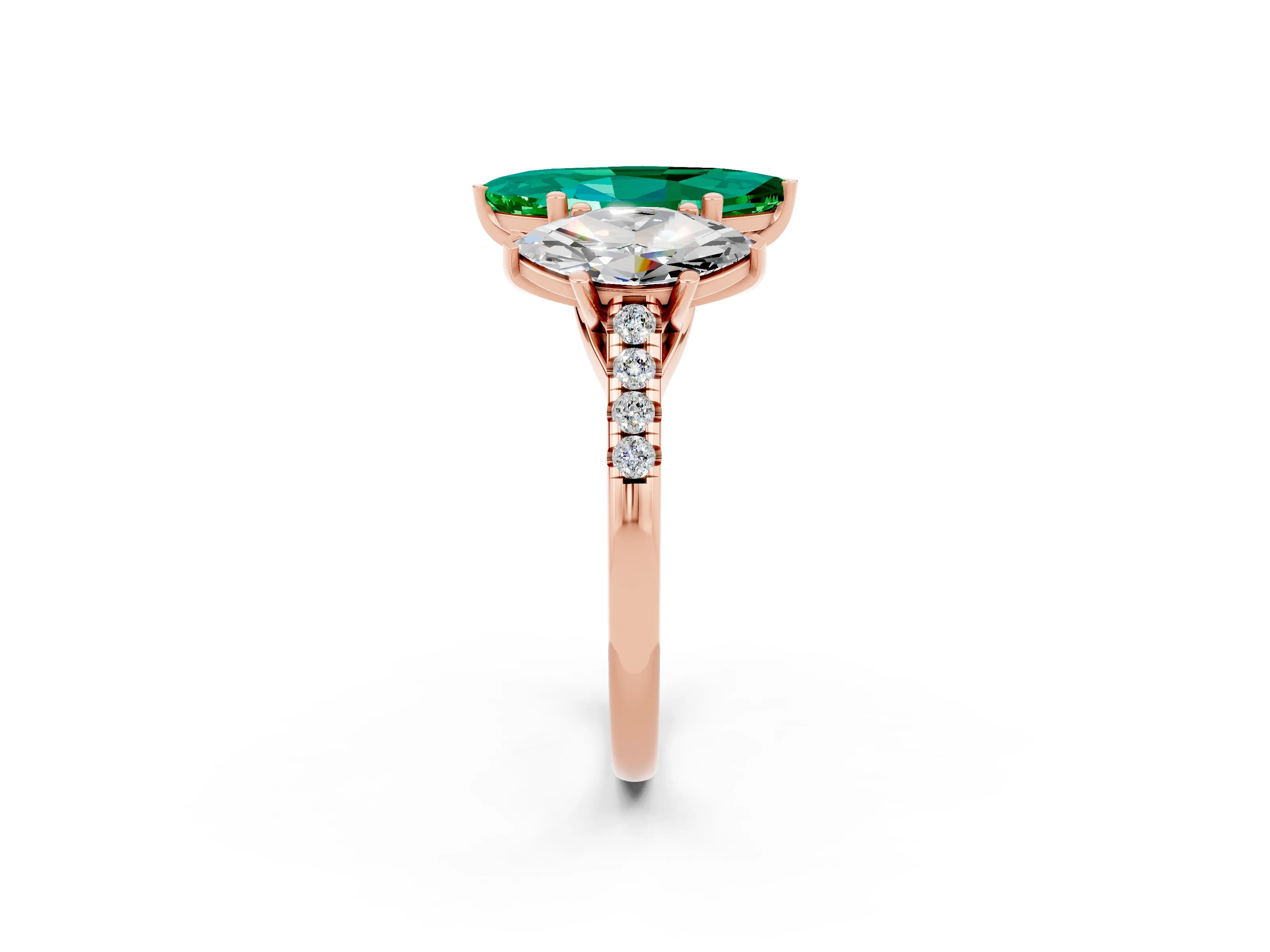 Rose gold Three-Stone Marquise Cut Emerald Ring with Pavé Band and Prong Setting_14