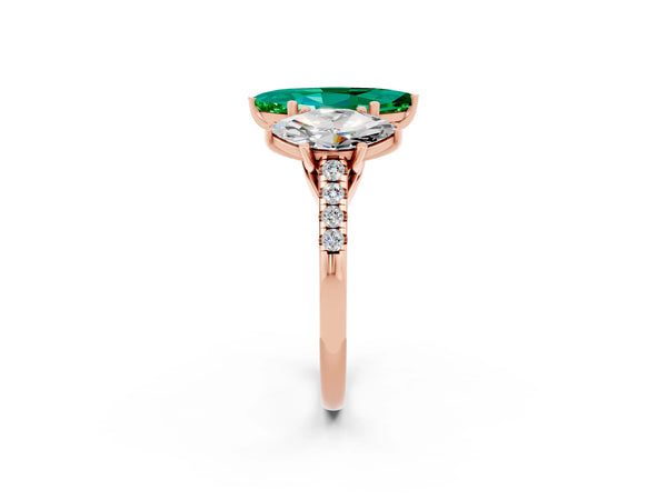 Rose gold Three-Stone Marquise Cut Emerald Ring with Round  Pavé Band and Prong Setting
