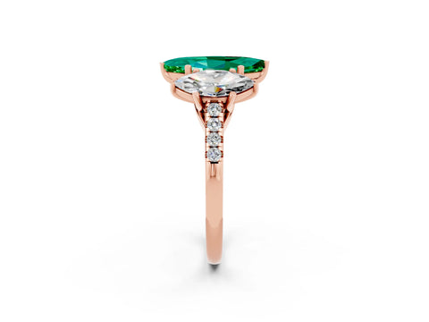 Rose gold Three-Stone Marquise Cut Emerald Ring with Pavé Band and Prong Setting_14