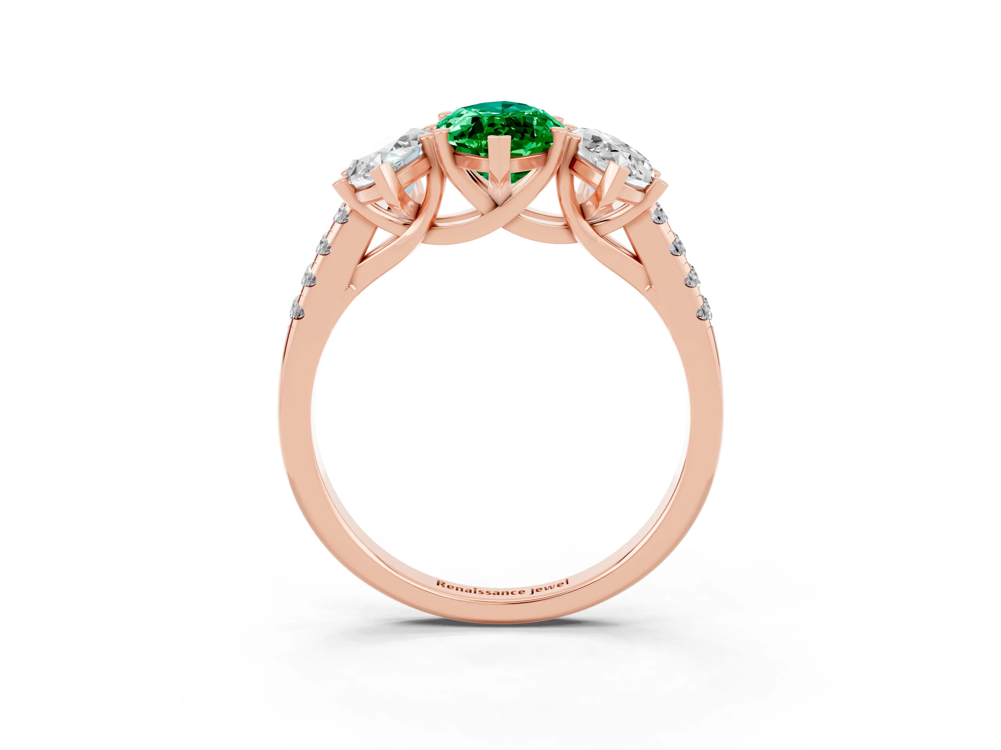Rose gold Three-Stone Marquise Cut Emerald Ring with Pavé Band and Prong Setting_15