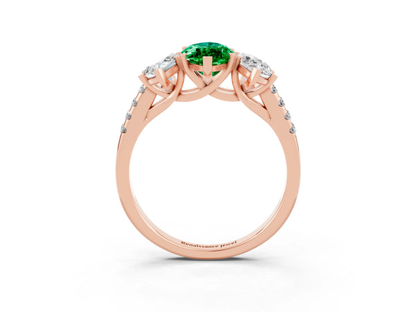 Rose gold Three-Stone Marquise Cut Emerald Ring with Round  Pavé Band and Prong Setting