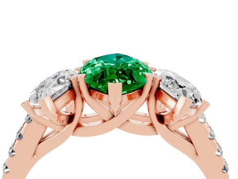 Rose gold Three-Stone Marquise Cut Emerald Ring with Pavé Band and Prong Setting_16