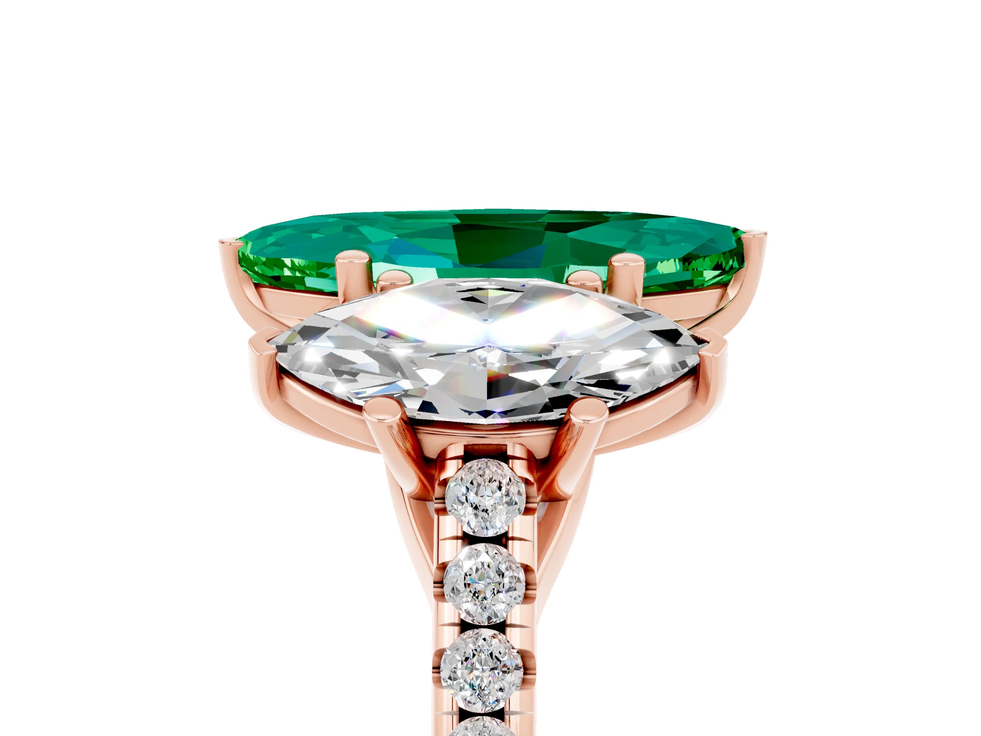 Rose gold Three-Stone Marquise Cut Emerald Ring with Pavé Band and Prong Setting_17