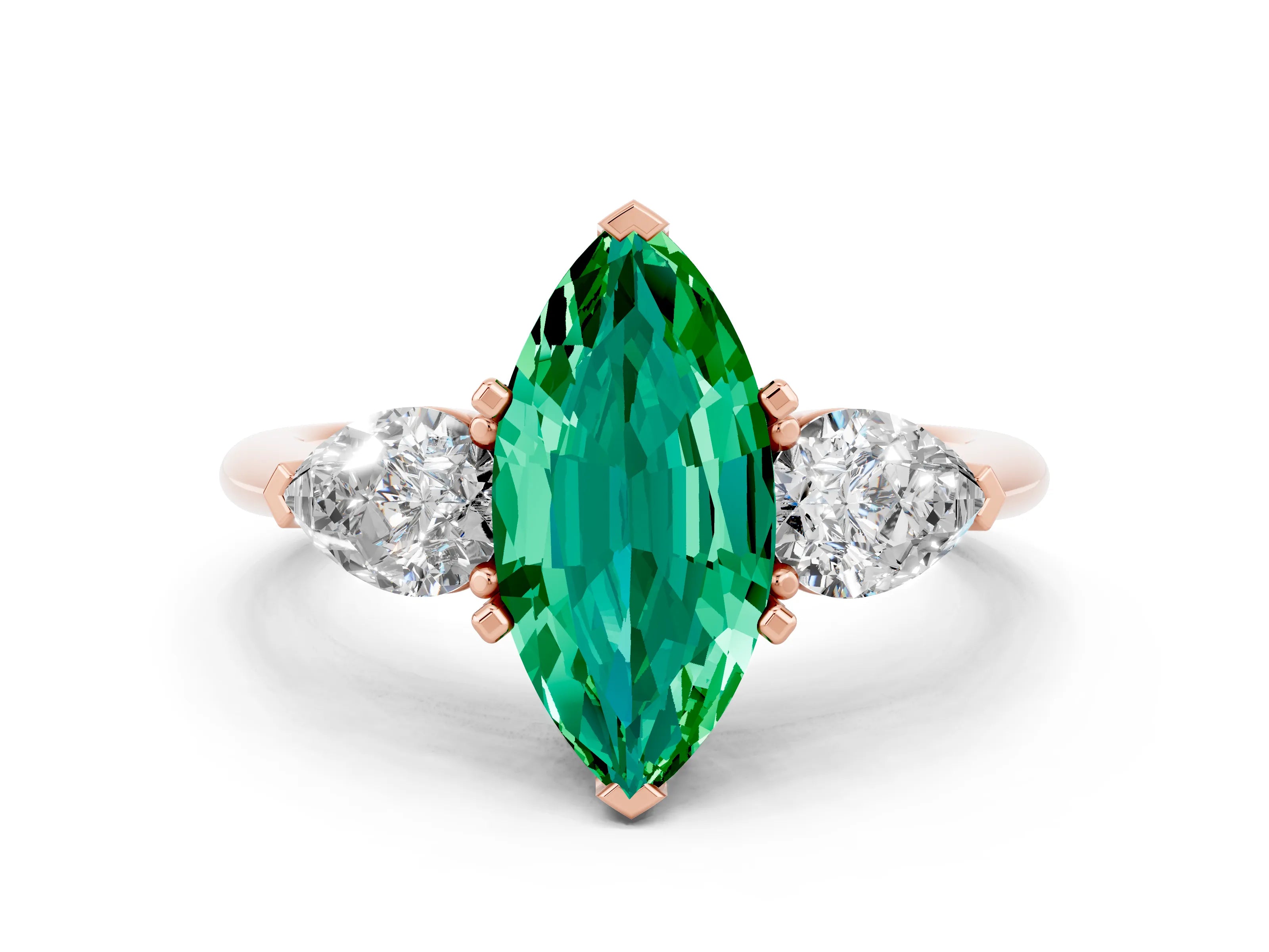 Rose gold Three-Stone Marquise Cut Emerald Ring with Pear Side Stones and Four-Prong Setting
