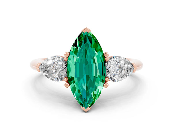 Rose gold Three-Stone Marquise Cut Emerald Ring with Pear Side Stones and Four-Prong Setting