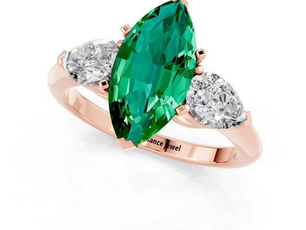Rose gold Three-Stone Marquise Cut Emerald Ring with Pear Side Stones and Four-Prong Setting