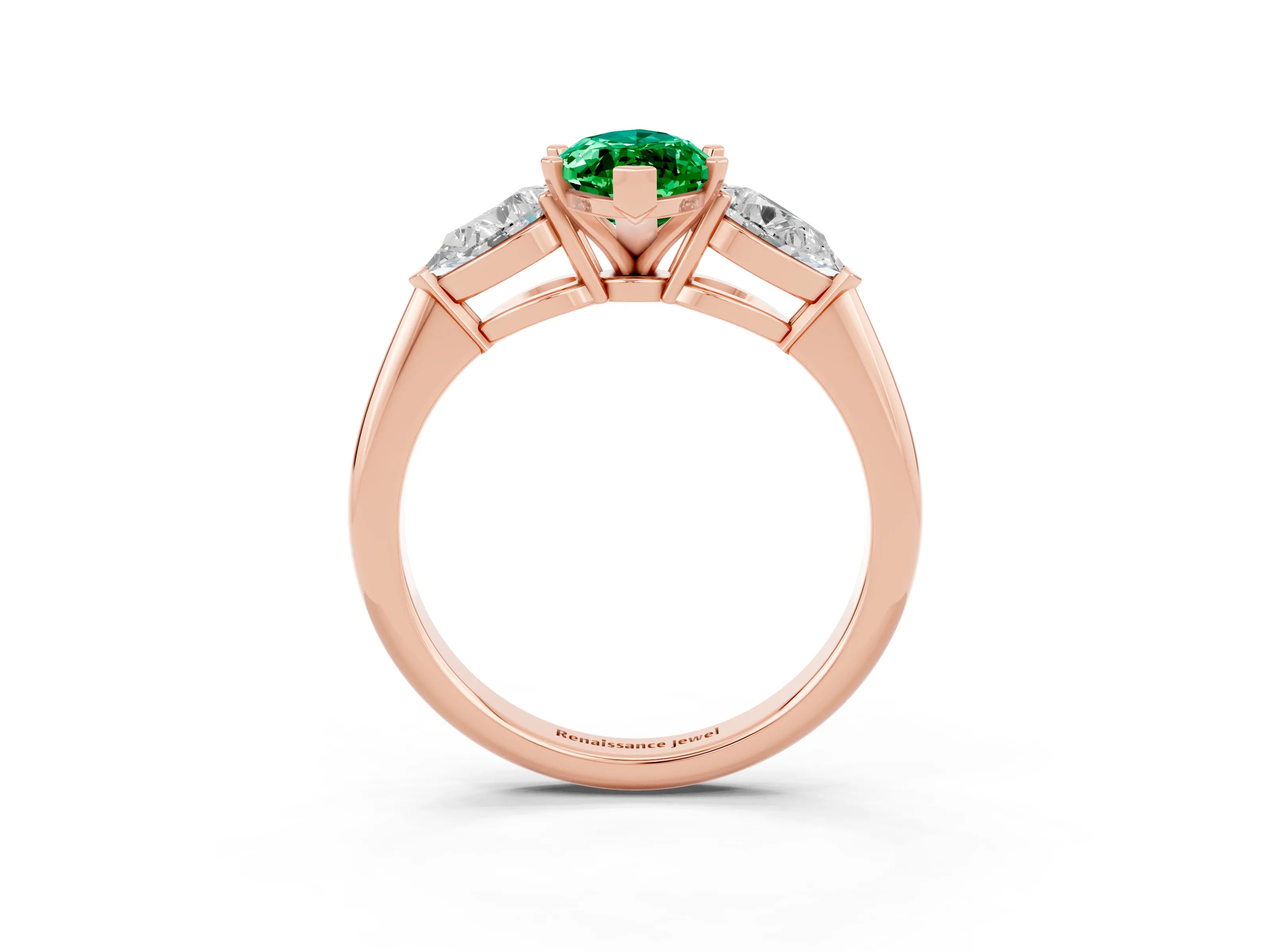 Rose gold Three-Stone Marquise Cut Emerald Ring with Pear Side Stones and Four-Prong Setting_3