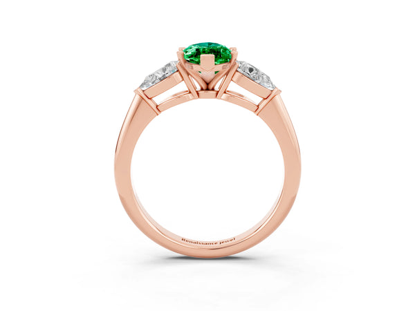 Rose gold Three-Stone Marquise Cut Emerald Ring with Pear Side Stones and Four-Prong Setting