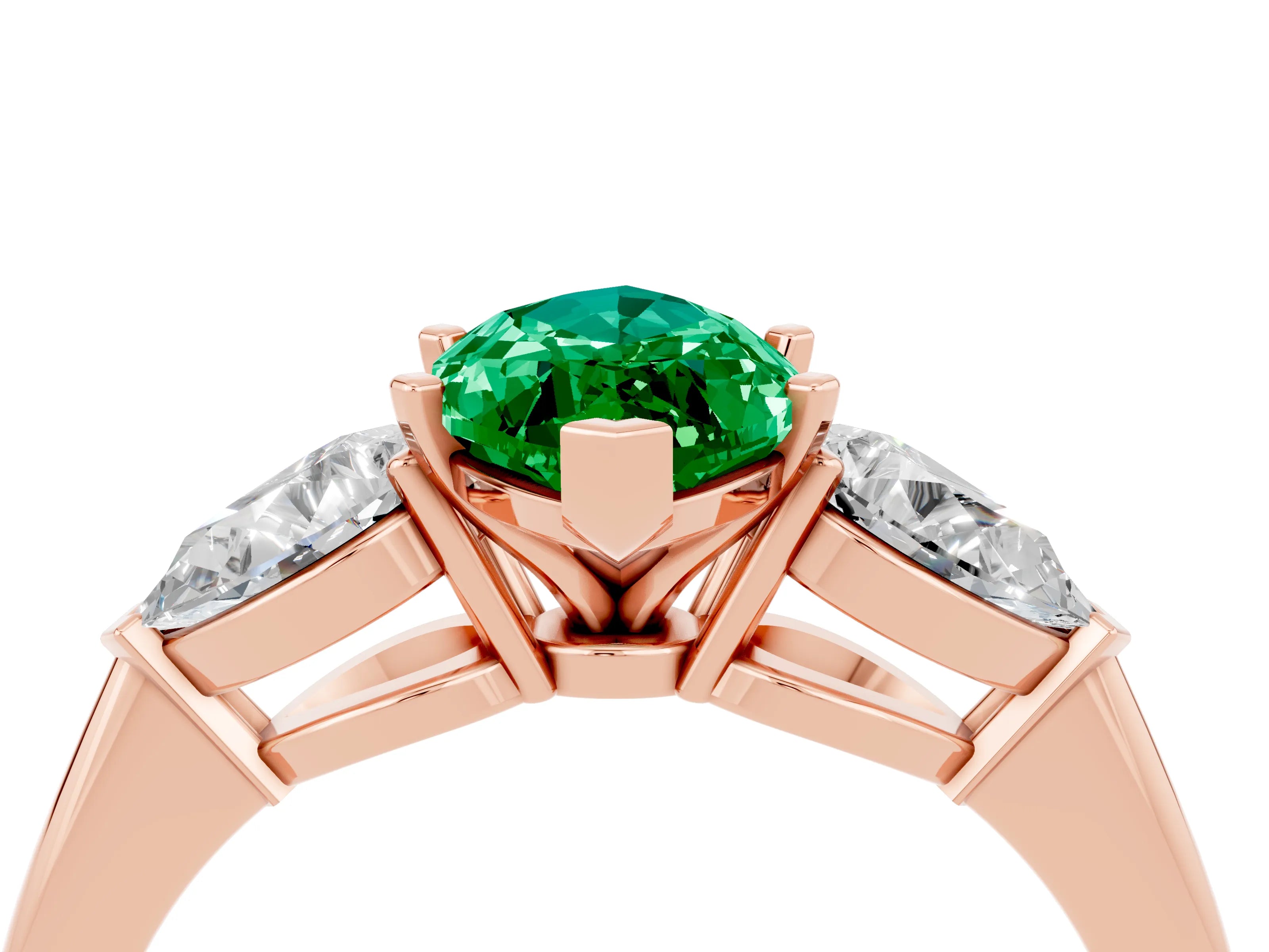 Rose gold Three-Stone Marquise Cut Emerald Ring with Pear Side Stones and Four-Prong Setting_4