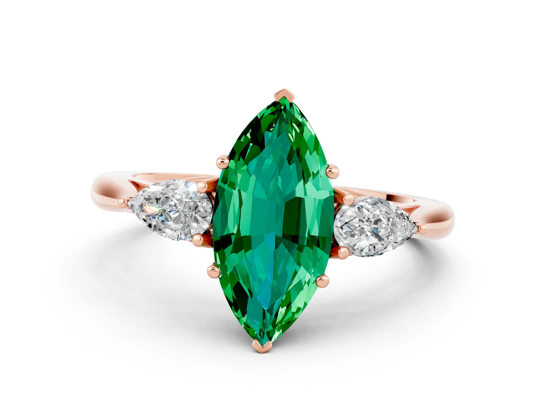 Rose gold Three-Stone Marquise Cut Emerald Ring with Pear  Side Stones in Four-Prong Setting_12