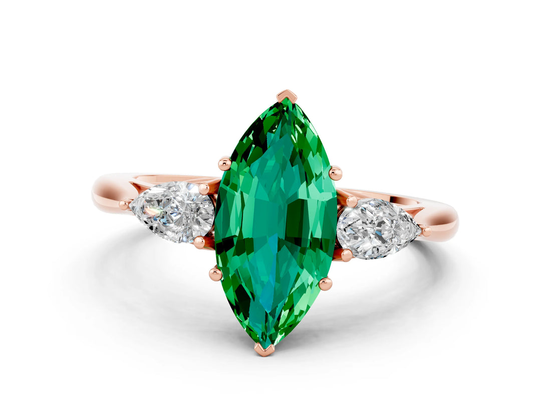 Rose gold Three-Stone Marquise Cut Emerald Ring with Pear  Side Stones in Four-Prong Setting_36
