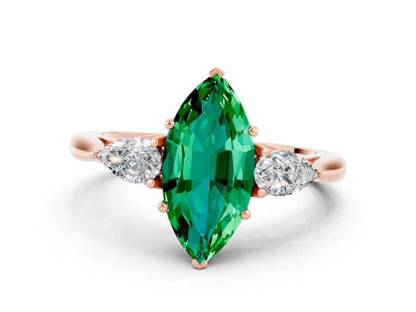 Rose gold Three-Stone Marquise Cut Emerald Ring with Pear  Side Stones in Four-Prong Setting