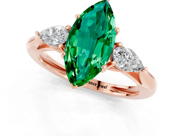 Rose gold Three-Stone Marquise Cut Emerald Ring with Pear  Side Stones in Four-Prong Setting