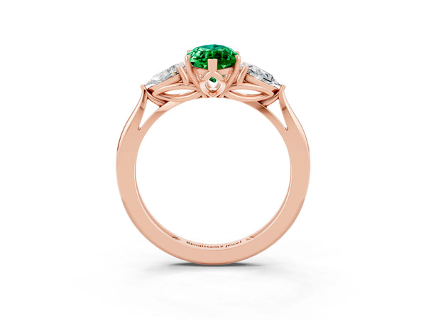 Rose gold Three-Stone Marquise Cut Emerald Ring with Pear  Side Stones in Four-Prong Setting