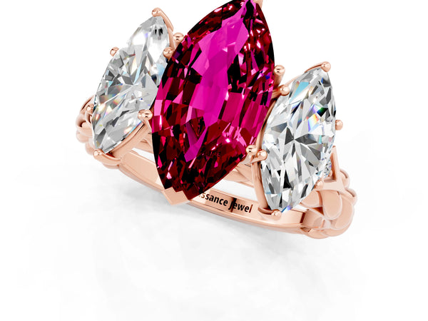 Rose gold Three-Stone Marquise Cut Garnet Braided Band Ring with Four-Prong Setting