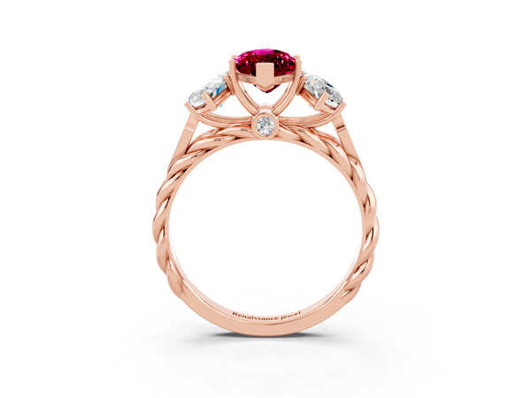 Rose gold Three-Stone Marquise Cut Garnet Braided Band Ring with Four-Prong Setting
