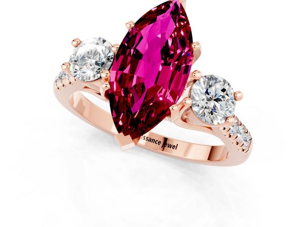 Rose gold Three-Stone Marquise Cut Garnet Pavé Band with Four-Prong Setting
