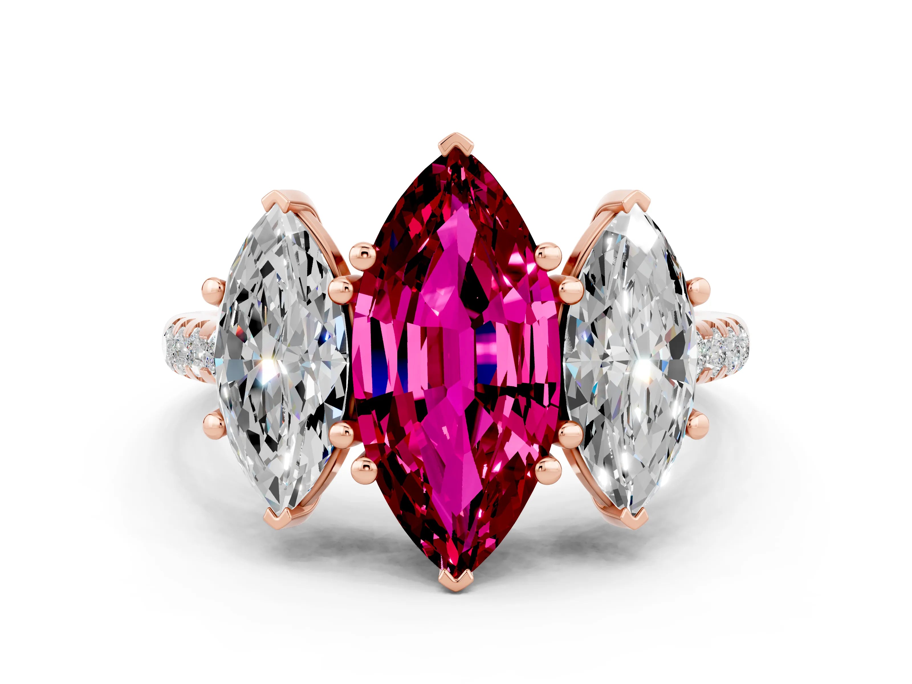 Rose gold Three-Stone Marquise Cut Garnet Ring with Pavé Band and Prong Setting_12
