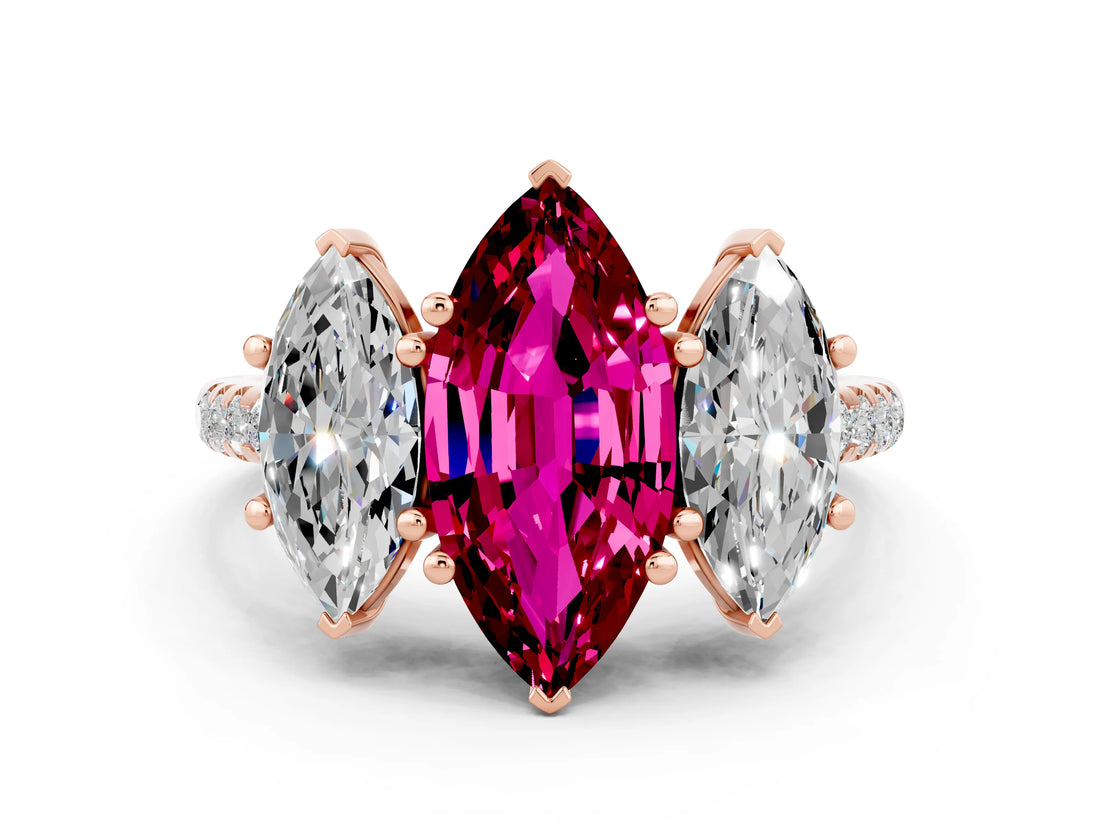 Rose gold Three-Stone Marquise Cut Garnet Ring with Pavé Band and Prong Setting_12