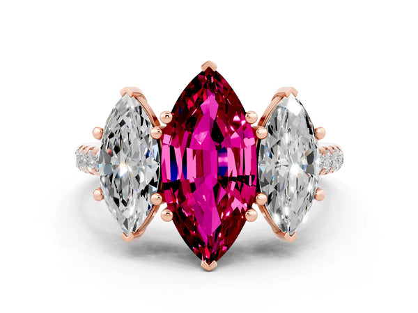 Rose gold Three-Stone Marquise Cut Garnet Ring with Round  Pavé Band and Prong Setting