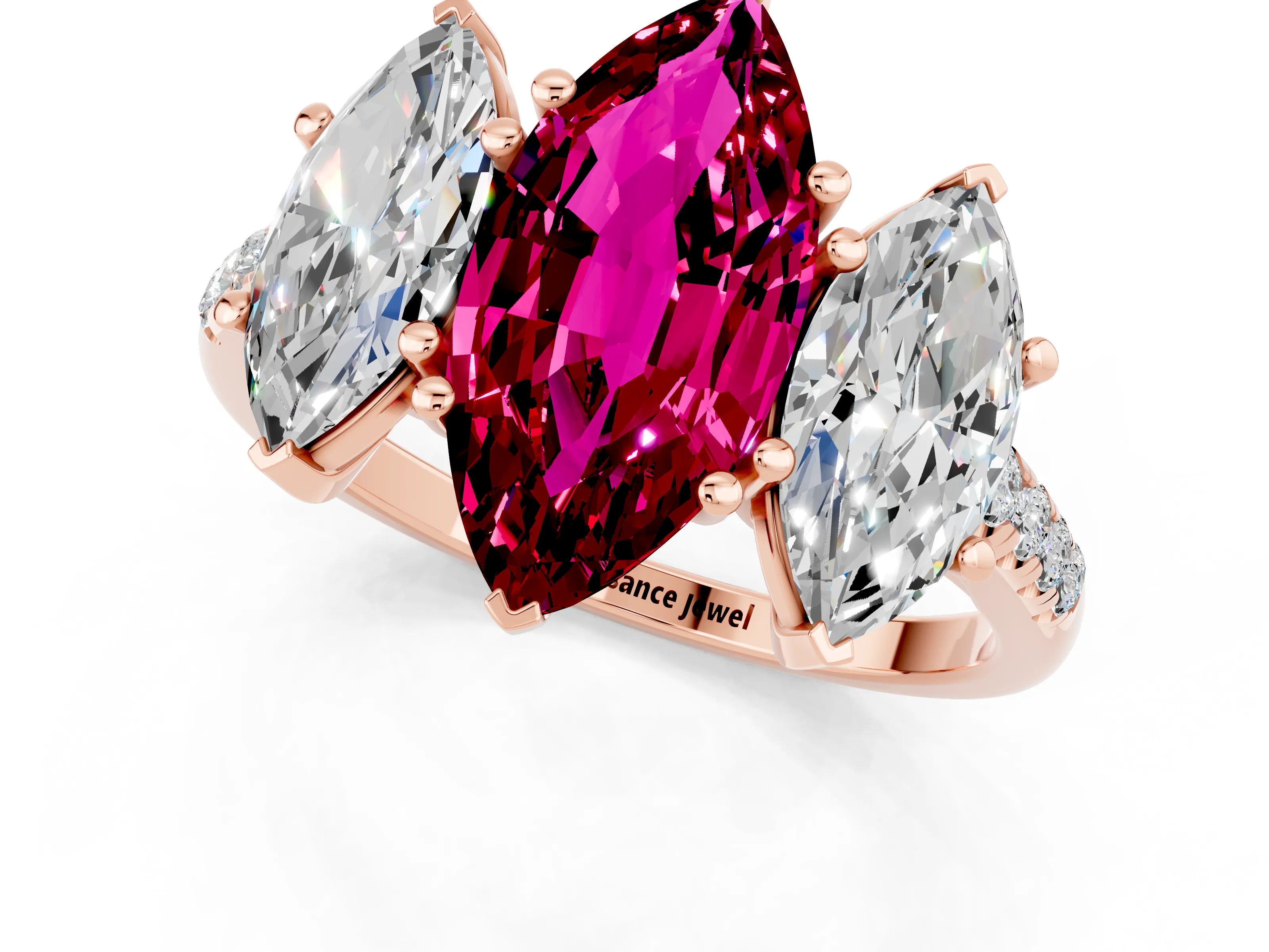 Rose gold Three-Stone Marquise Cut Garnet Ring with Pavé Band and Prong Setting_13