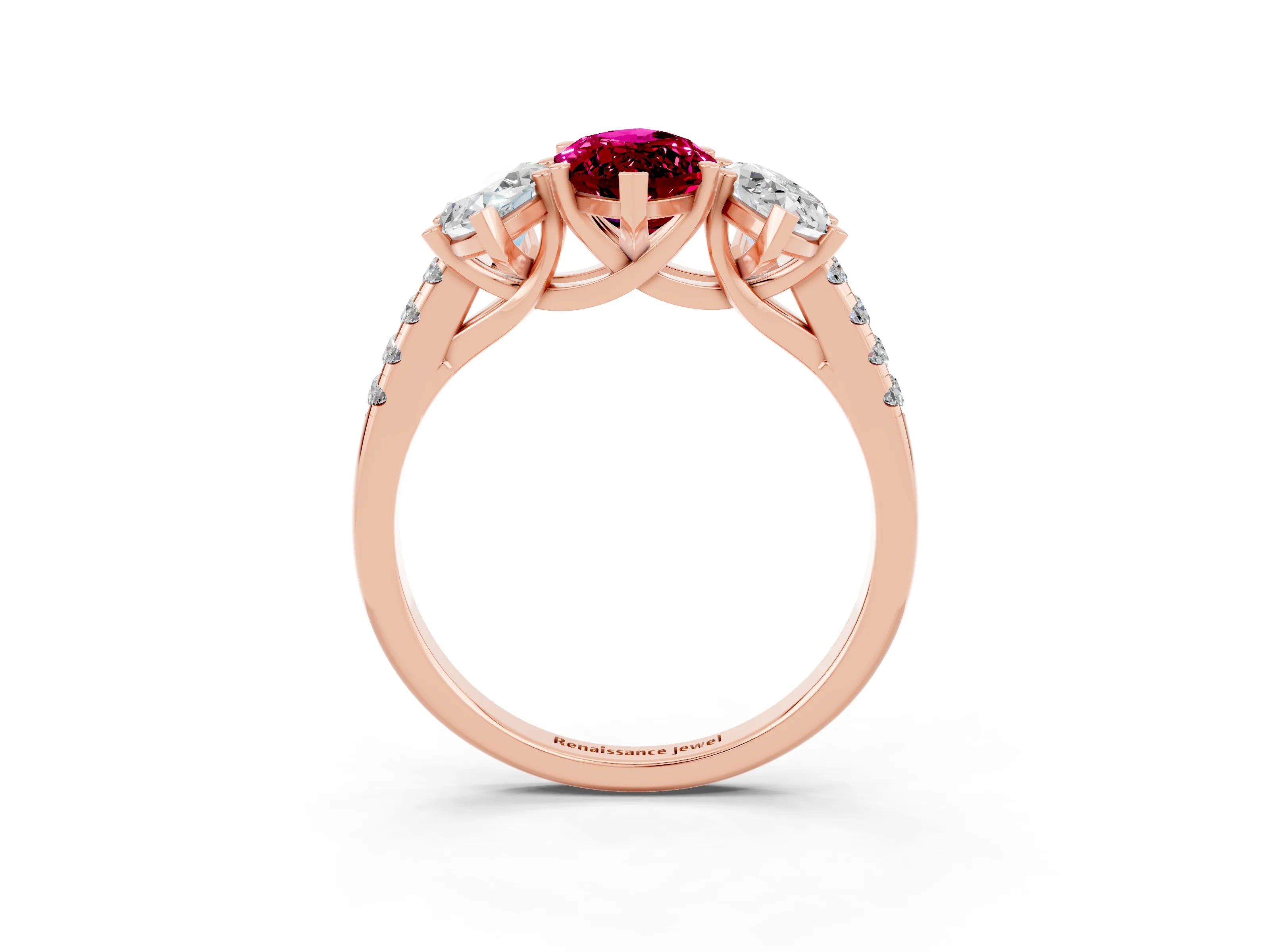 Rose gold Three-Stone Marquise Cut Garnet Ring with Pavé Band and Prong Setting_15