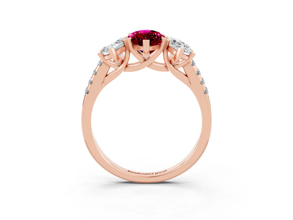 Rose gold Three-Stone Marquise Cut Garnet Ring with Round  Pavé Band and Prong Setting