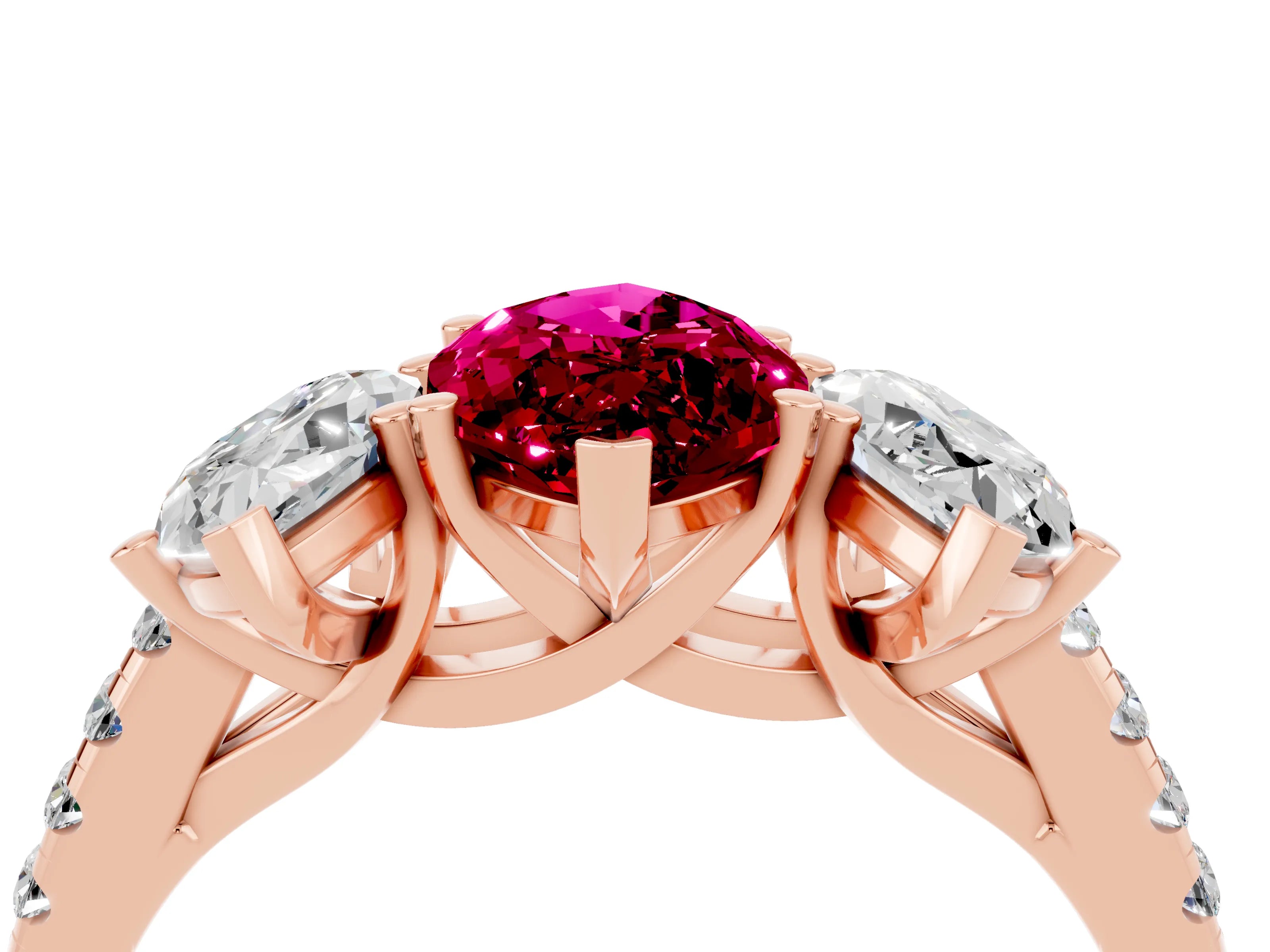 Rose gold Three-Stone Marquise Cut Garnet Ring with Pavé Band and Prong Setting_16