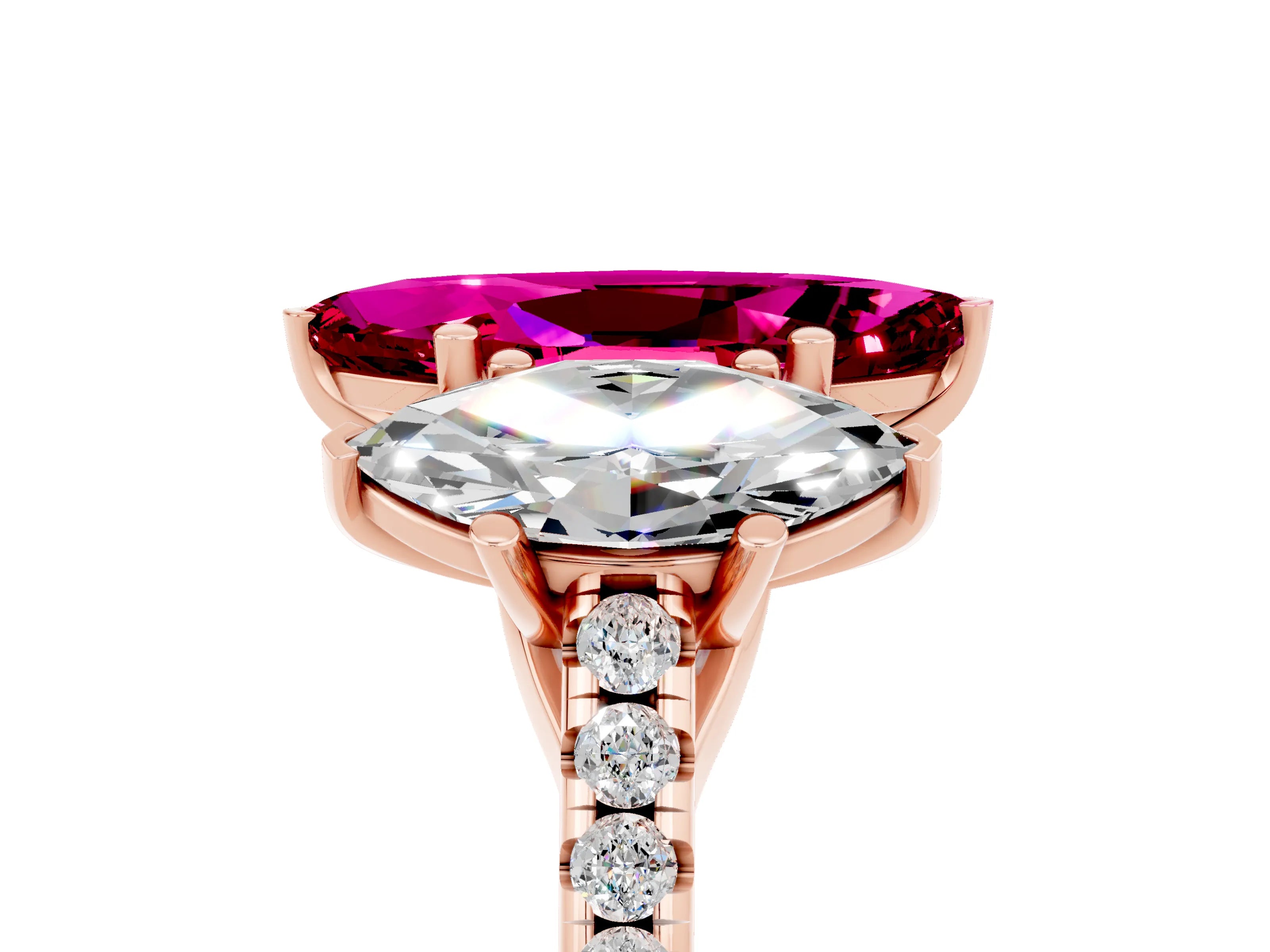 Rose gold Three-Stone Marquise Cut Garnet Ring with Pavé Band and Prong Setting_17
