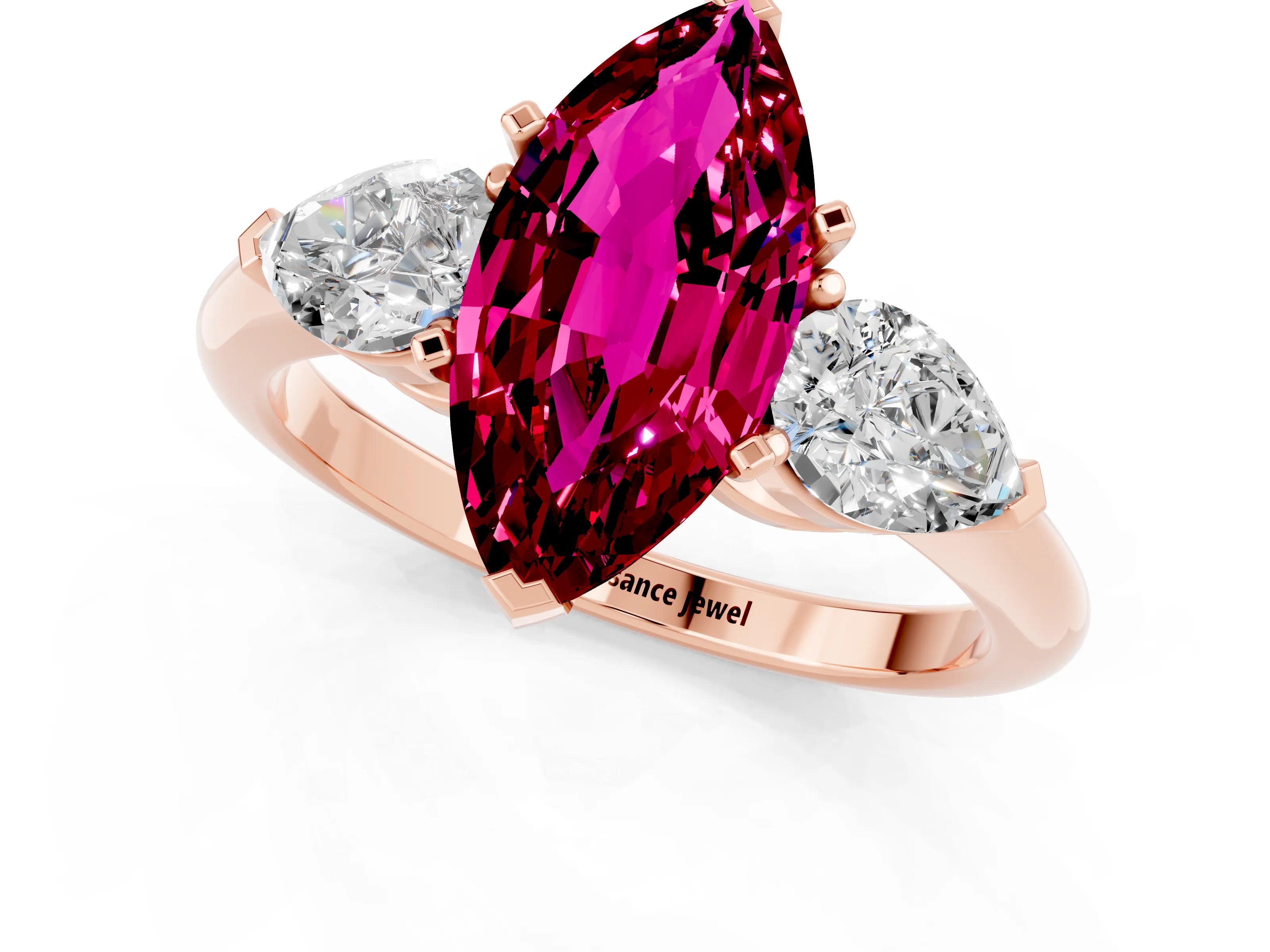 Rose gold Three-Stone Marquise Cut Garnet Ring with Pear Side Stones and Four-Prong Setting_1