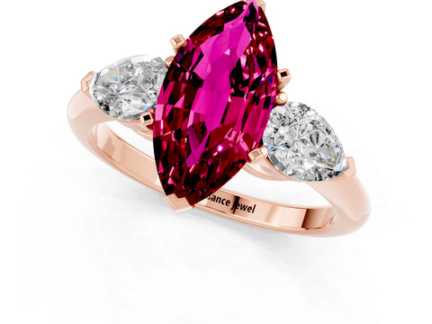 Rose gold Three-Stone Marquise Cut Garnet Ring with Pear Side Stones and Four-Prong Setting_1