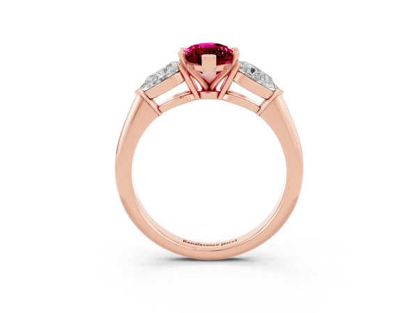 Rose gold Three-Stone Marquise Cut Garnet Ring with Pear Side Stones and Four-Prong Setting