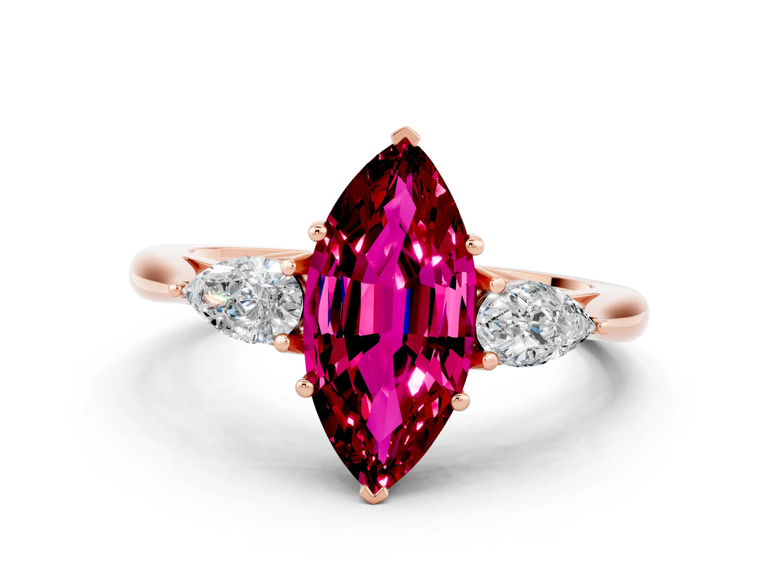 Rose gold Three-Stone Marquise Cut Garnet Ring with Pear  Side Stones in Four-Prong Setting_12
