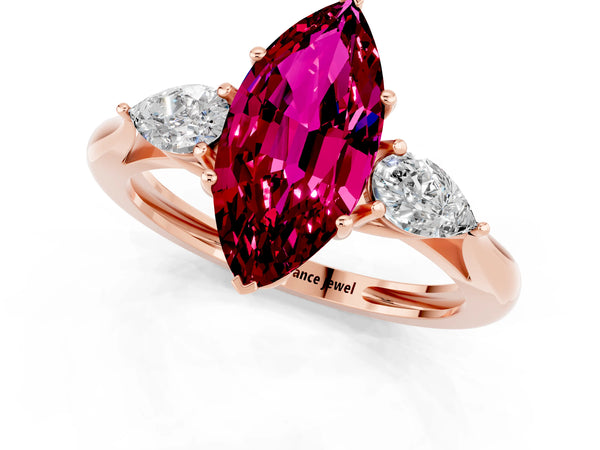Rose gold Three-Stone Marquise Cut Garnet Ring with Pear  Side Stones in Four-Prong Setting
