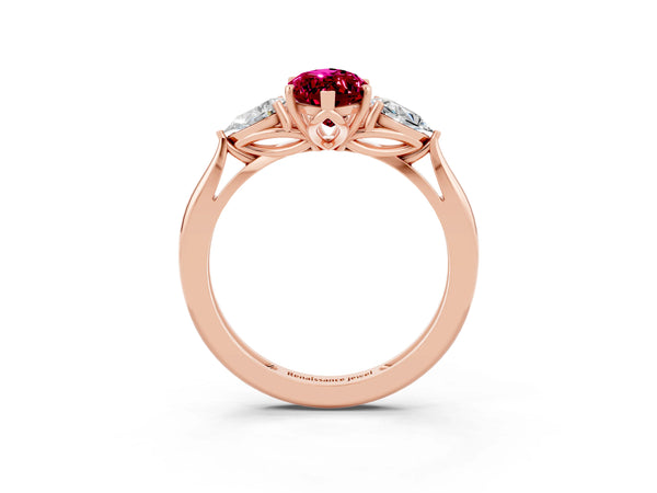 Rose gold Three-Stone Marquise Cut Garnet Ring with Pear  Side Stones in Four-Prong Setting