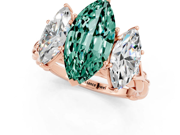 Rose gold Three-Stone Marquise Cut Green Sapphire Braided Band Ring with Four-Prong Setting
