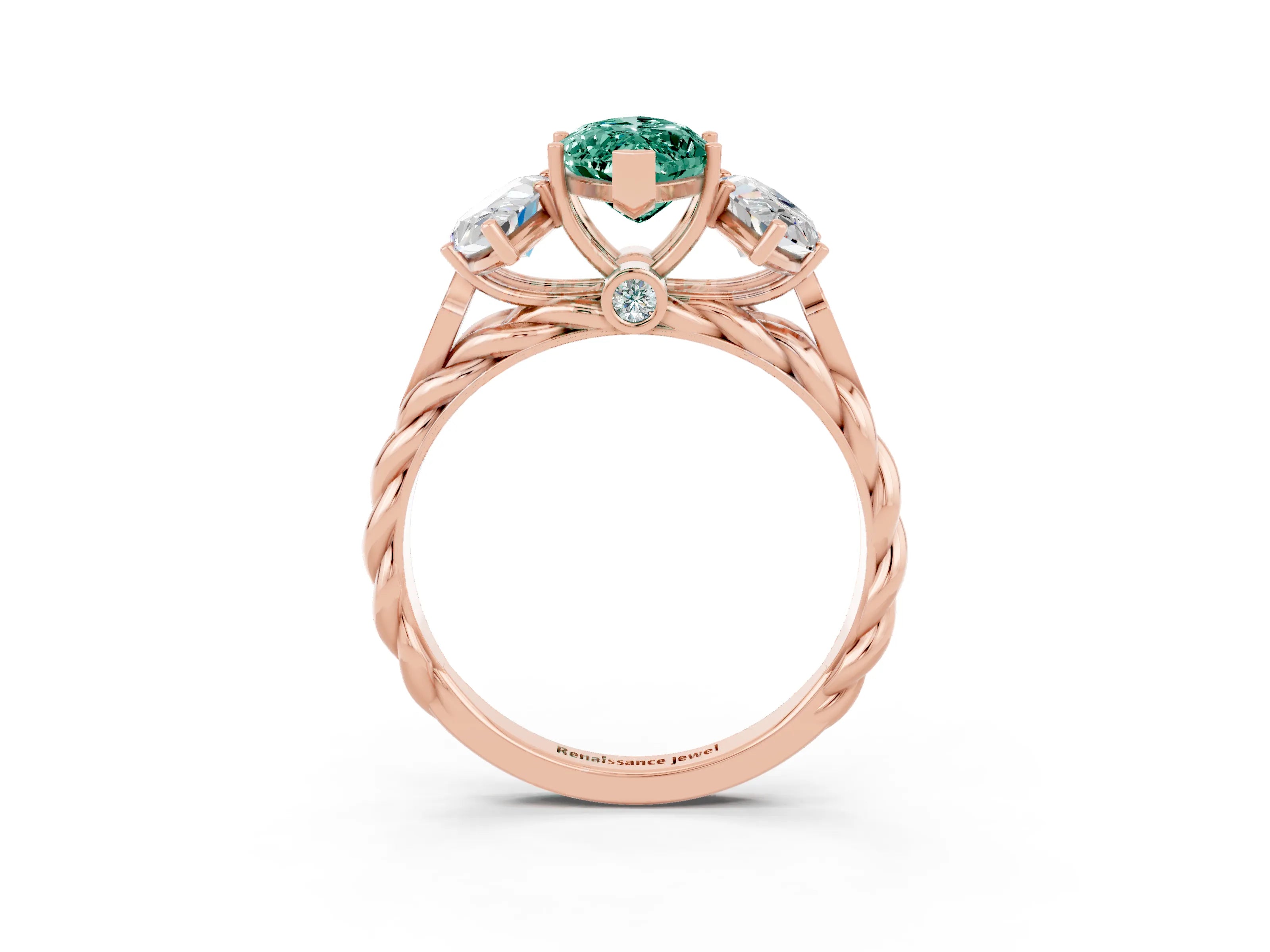 Rose gold Three-Stone Marquise Cut Green Sapphire Braided Band Ring with Four-Prong Setting_15