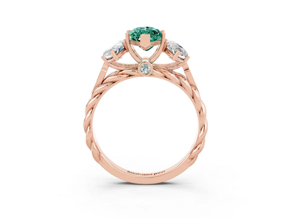 Rose gold Three-Stone Marquise Cut Green Sapphire Braided Band Ring with Four-Prong Setting