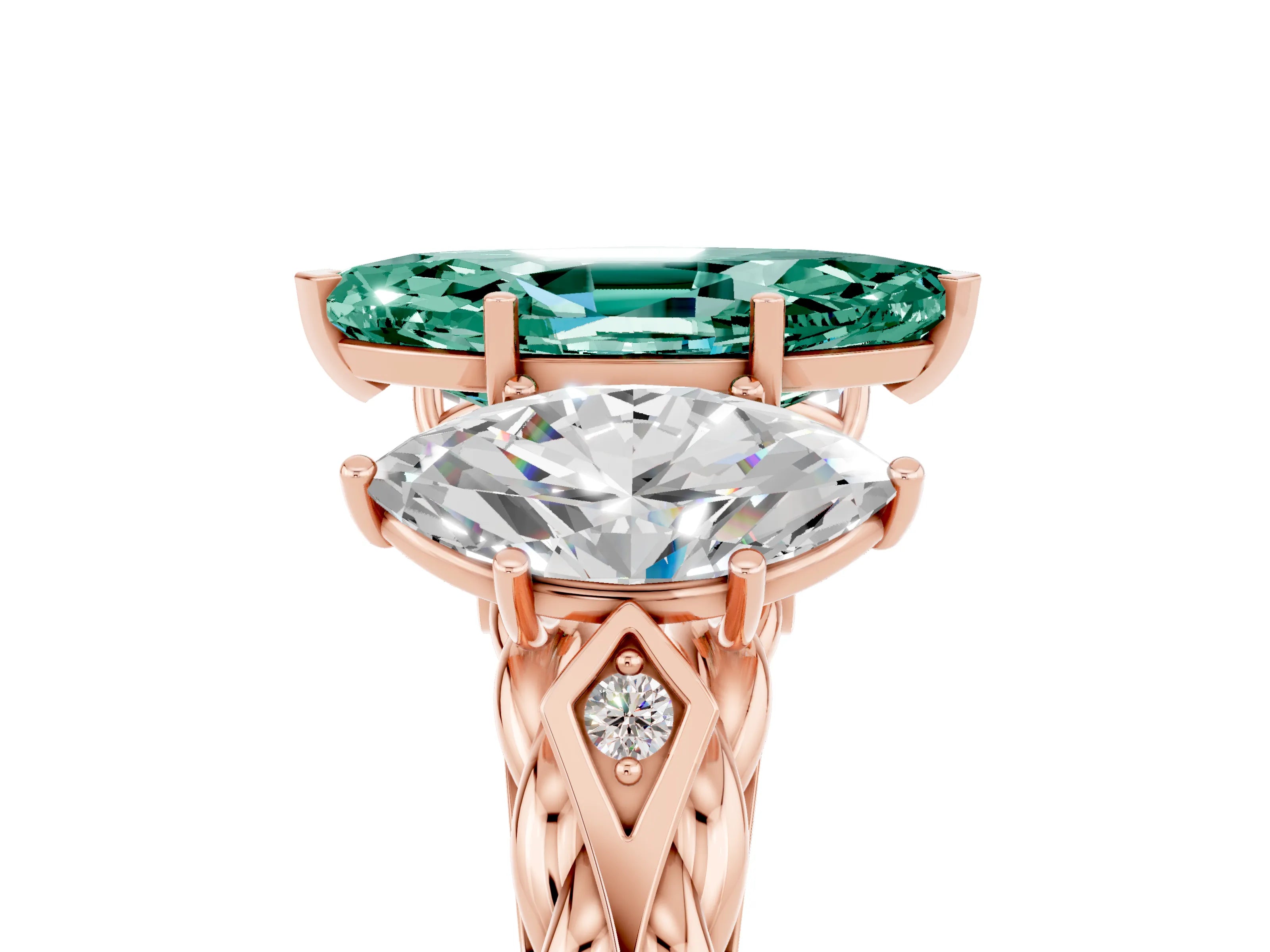 Rose gold Three-Stone Marquise Cut Green Sapphire Braided Band Ring with Four-Prong Setting_17