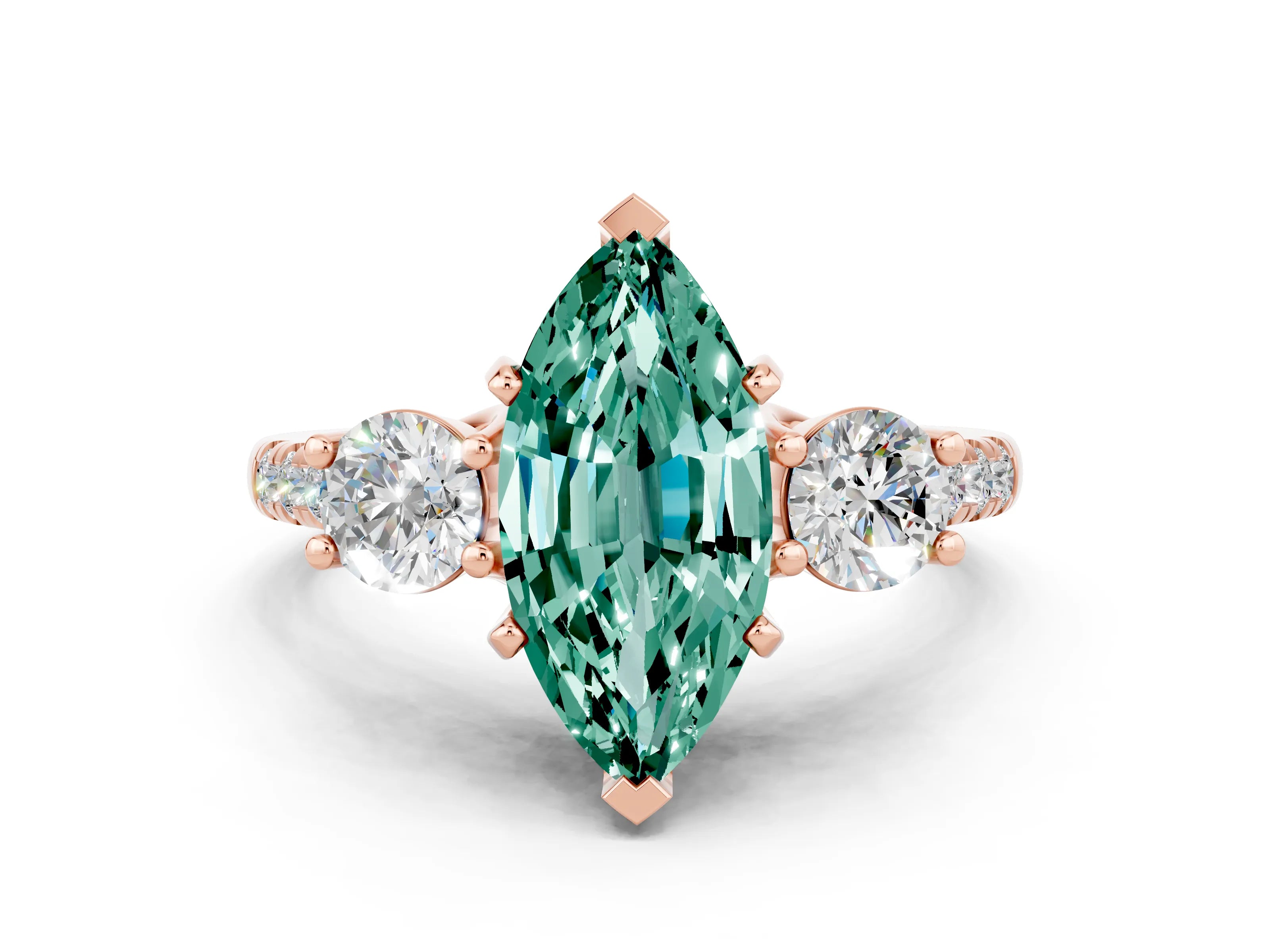 Rose gold Three-Stone Marquise Cut Green Sapphire Pavé Band with Four-Prong Setting