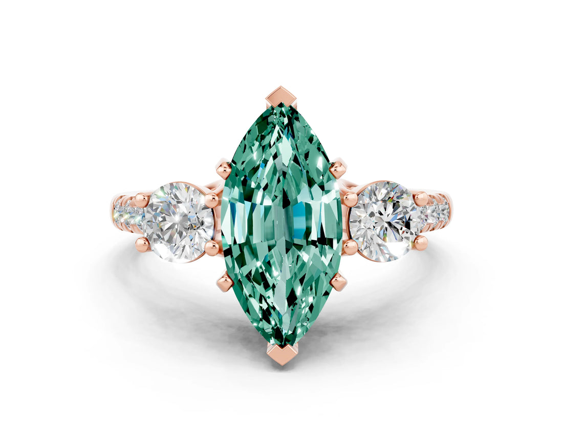 Rose gold Three-Stone Marquise Cut Green Sapphire Pavé Band with Four-Prong Setting