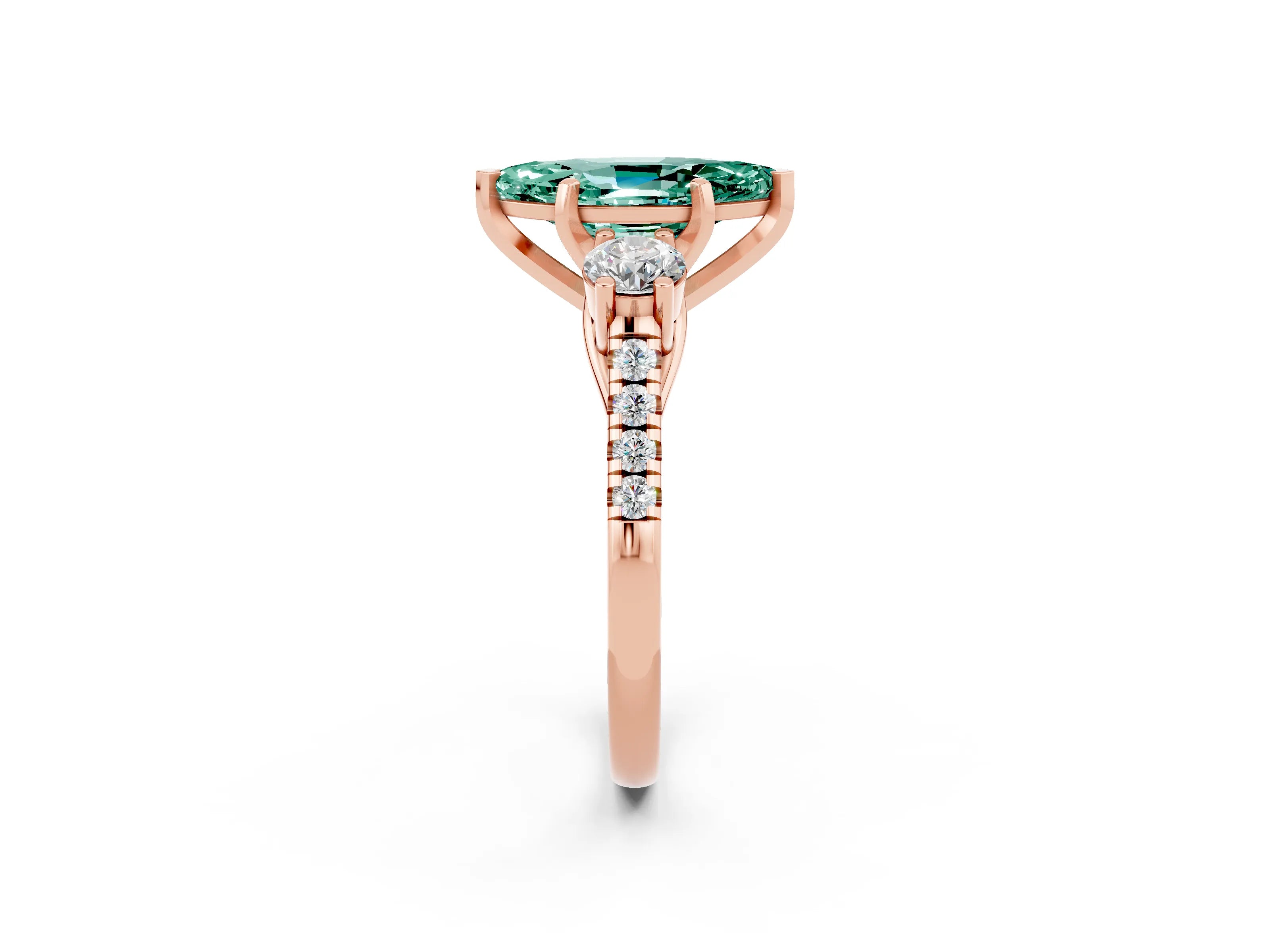 Rose gold Three-Stone Marquise Cut Green Sapphire Pavé Band with Four-Prong Setting_2