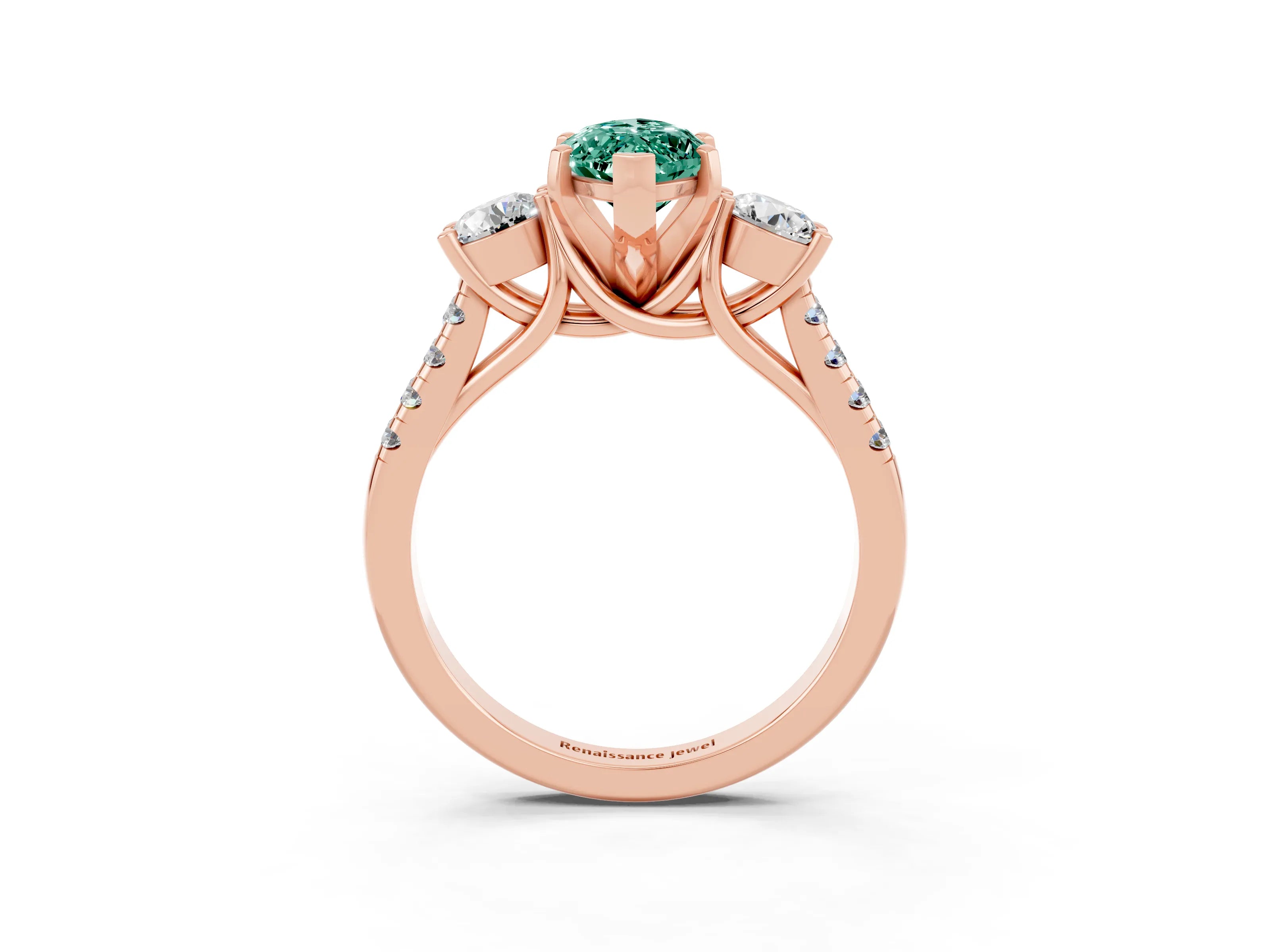 Rose gold Three-Stone Marquise Cut Green Sapphire Pavé Band with Four-Prong Setting_3